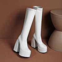 Women's Black Chunky Heel Boots - Punk Style Elastic High Boots with Chunky Platform, Perfect for Fall/Winter and Evenings