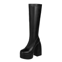 Women's Black Chunky Heel Boots - Punk Style Elastic High Boots with Chunky Platform, Perfect for Fall/Winter and Evenings