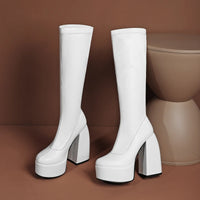 Women's Black Chunky Heel Boots - Punk Style Elastic High Boots with Chunky Platform, Perfect for Fall/Winter and Evenings