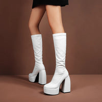 Women's Black Chunky Heel Boots - Punk Style Elastic High Boots with Chunky Platform, Perfect for Fall/Winter and Evenings