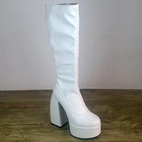 Women's Black Chunky Heel Boots - Punk Style Elastic High Boots with Chunky Platform, Perfect for Fall/Winter and Evenings