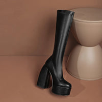 Women's Black Chunky Heel Boots - Punk Style Elastic High Boots with Chunky Platform, Perfect for Fall/Winter and Evenings