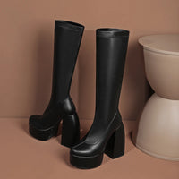 Women's Black Chunky Heel Boots - Punk Style Elastic High Boots with Chunky Platform, Perfect for Fall/Winter and Evenings