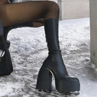 Women's Black Chunky Heel Boots - Punk Style Elastic High Boots with Chunky Platform, Perfect for Fall/Winter and Evenings