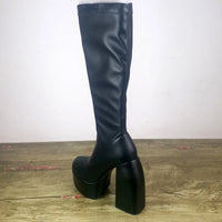 Women's Black Chunky Heel Boots - Punk Style Elastic High Boots with Chunky Platform, Perfect for Fall/Winter and Evenings