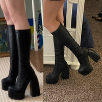 Women's Black Chunky Heel Boots - Punk Style Elastic High Boots with Chunky Platform, Perfect for Fall/Winter and Evenings