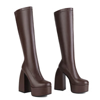 Women's Black Chunky Heel Boots - Punk Style Elastic High Boots with Chunky Platform, Perfect for Fall/Winter and Evenings