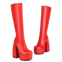Women's Black Chunky Heel Boots - Punk Style Elastic High Boots with Chunky Platform, Perfect for Fall/Winter and Evenings
