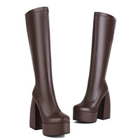 Women's Black Chunky Heel Boots - Punk Style Elastic High Boots with Chunky Platform, Perfect for Fall/Winter and Evenings
