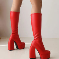 Women's Black Chunky Heel Boots - Punk Style Elastic High Boots with Chunky Platform, Perfect for Fall/Winter and Evenings