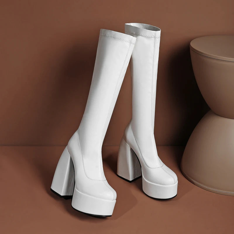 Bottes femmes noires à talons épais – Bottes hautes élastiques style punk avec plateforme chunky, parfaites pour l’automne/hiver et les soirées