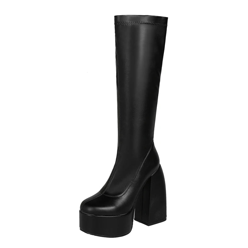 Bottes femmes noires à talons épais – Bottes hautes élastiques style punk avec plateforme chunky, parfaites pour l’automne/hiver et les soirées