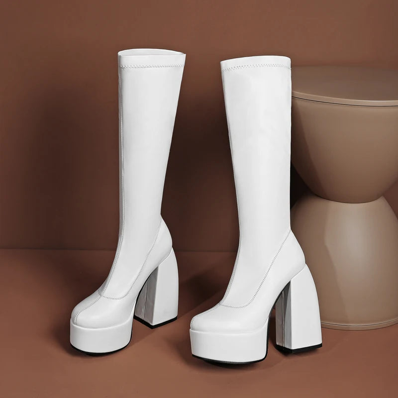 Bottes femmes noires à talons épais – Bottes hautes élastiques style punk avec plateforme chunky, parfaites pour l’automne/hiver et les soirées