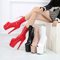 Women's Summer Boots - Short Heel, Perforated and Peep Toe Style