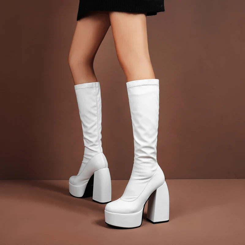Bottes femmes noires à talons épais – Bottes hautes élastiques style punk avec plateforme chunky, parfaites pour l’automne/hiver et les soirées