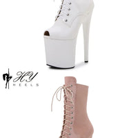 Women's Summer Boots - Short Heel, Perforated and Peep Toe Style