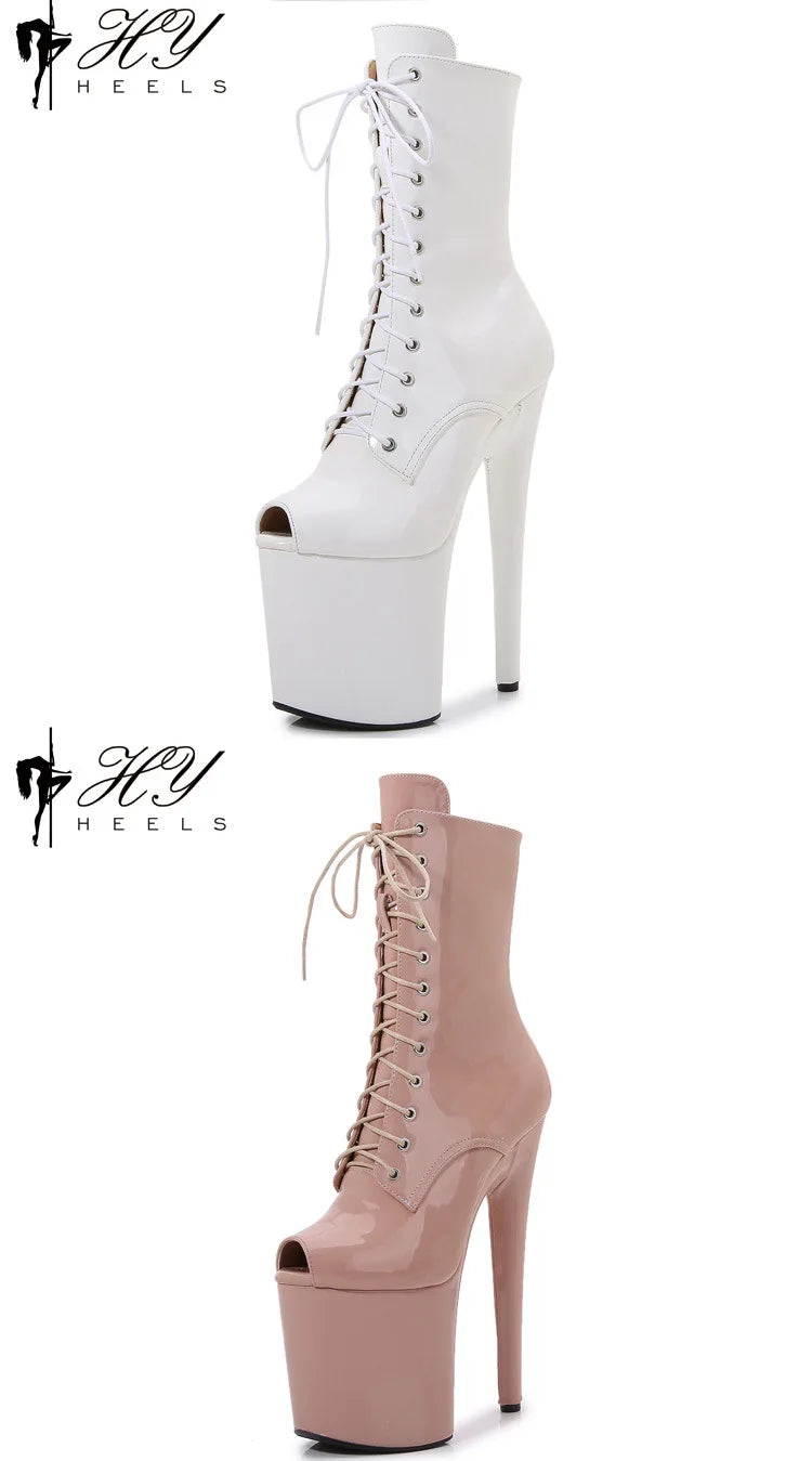 Women's Summer Boots - Short Heel, Perforated and Peep Toe Style