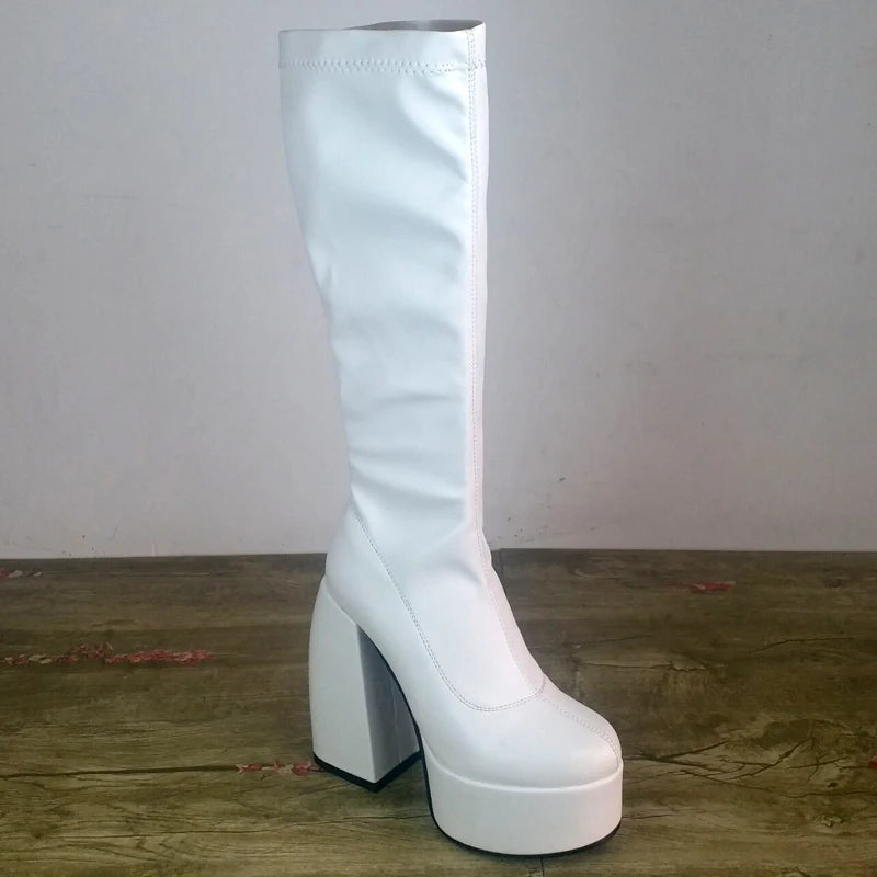 Bottes femmes noires à talons épais – Bottes hautes élastiques style punk avec plateforme chunky, parfaites pour l’automne/hiver et les soirées
