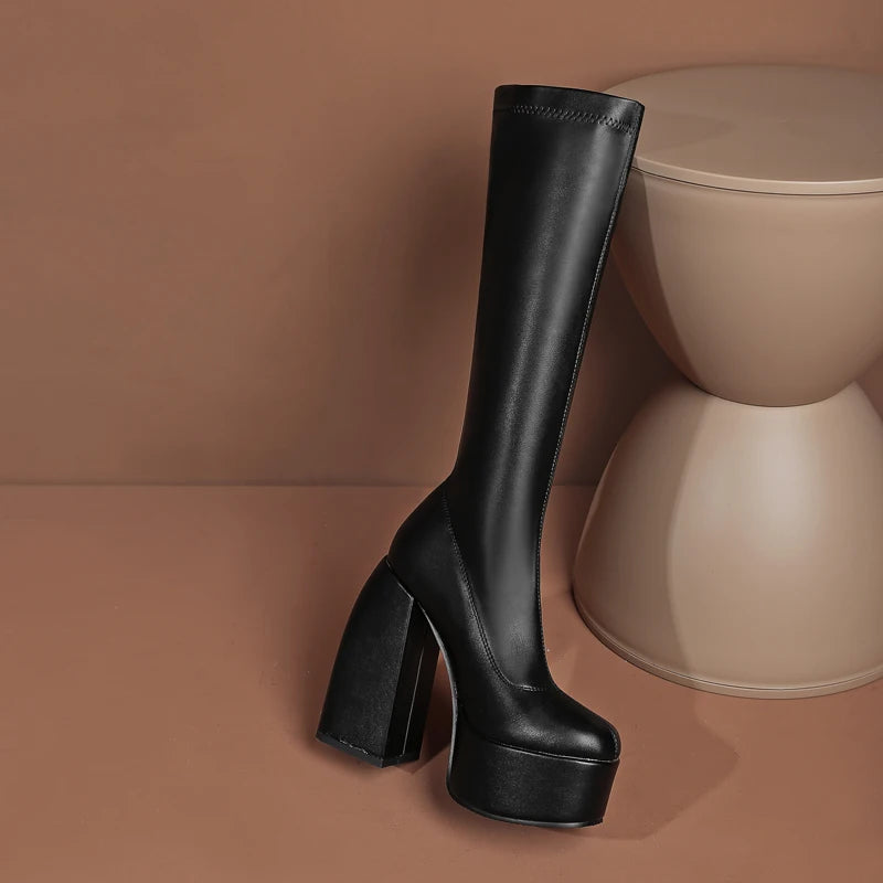 Bottes femmes noires à talons épais – Bottes hautes élastiques style punk avec plateforme chunky, parfaites pour l’automne/hiver et les soirées