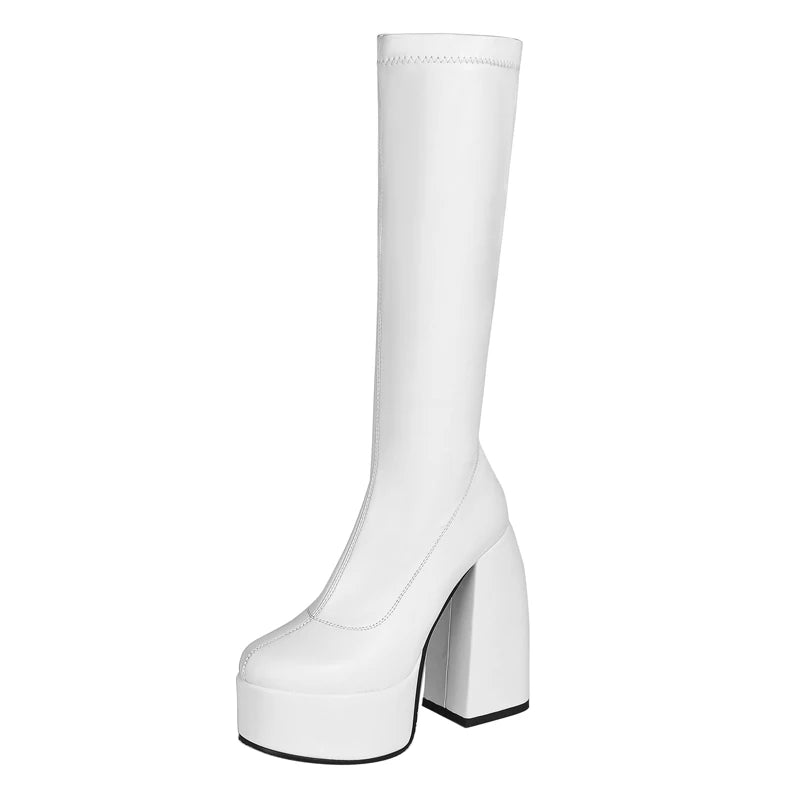 Bottes femmes noires à talons épais – Bottes hautes élastiques style punk avec plateforme chunky, parfaites pour l’automne/hiver et les soirées