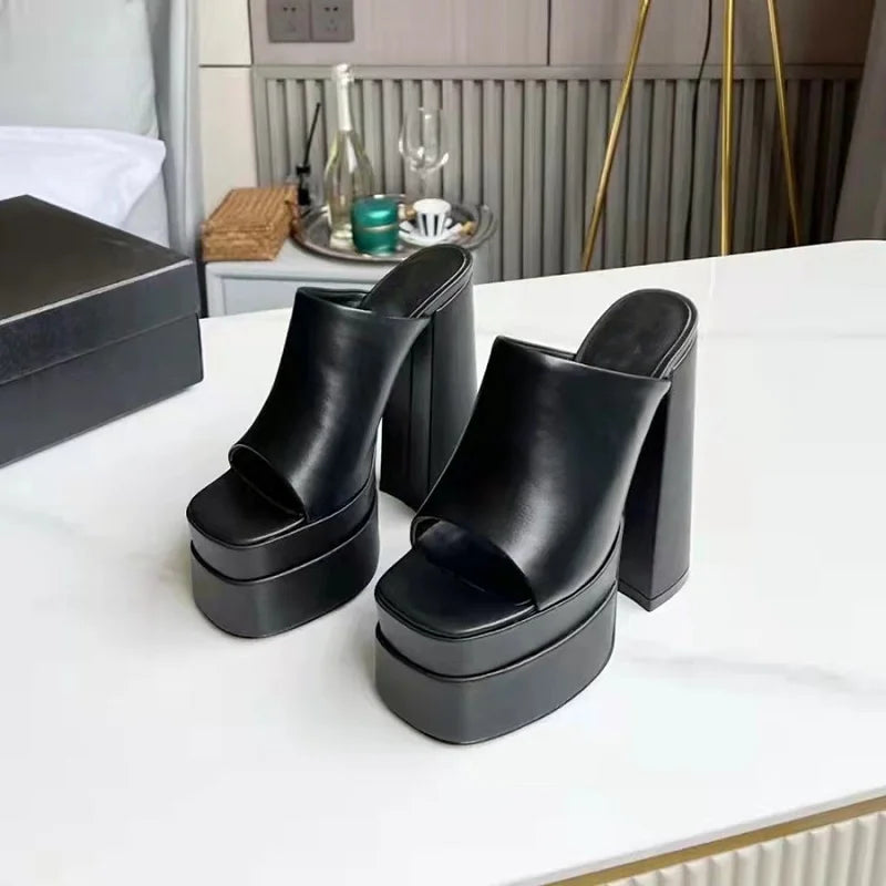 Sandales Femme Luxe à Talon Haut 15,5 cm – Mules Plateforme Carrée Style Designer Été | Fonleader XY-00019