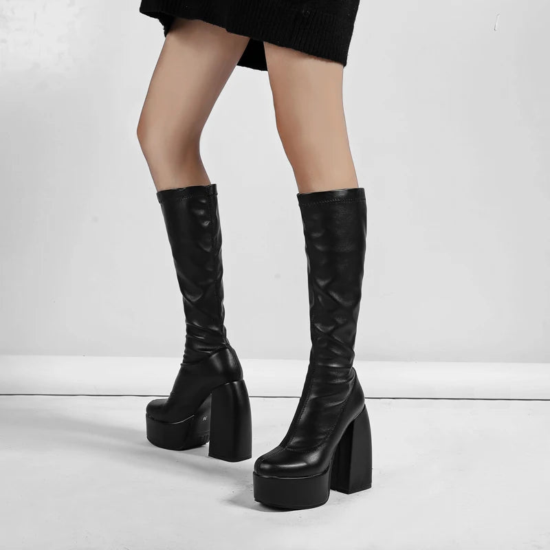 Bottes femmes noires à talons épais – Bottes hautes élastiques style punk avec plateforme chunky, parfaites pour l’automne/hiver et les soirées