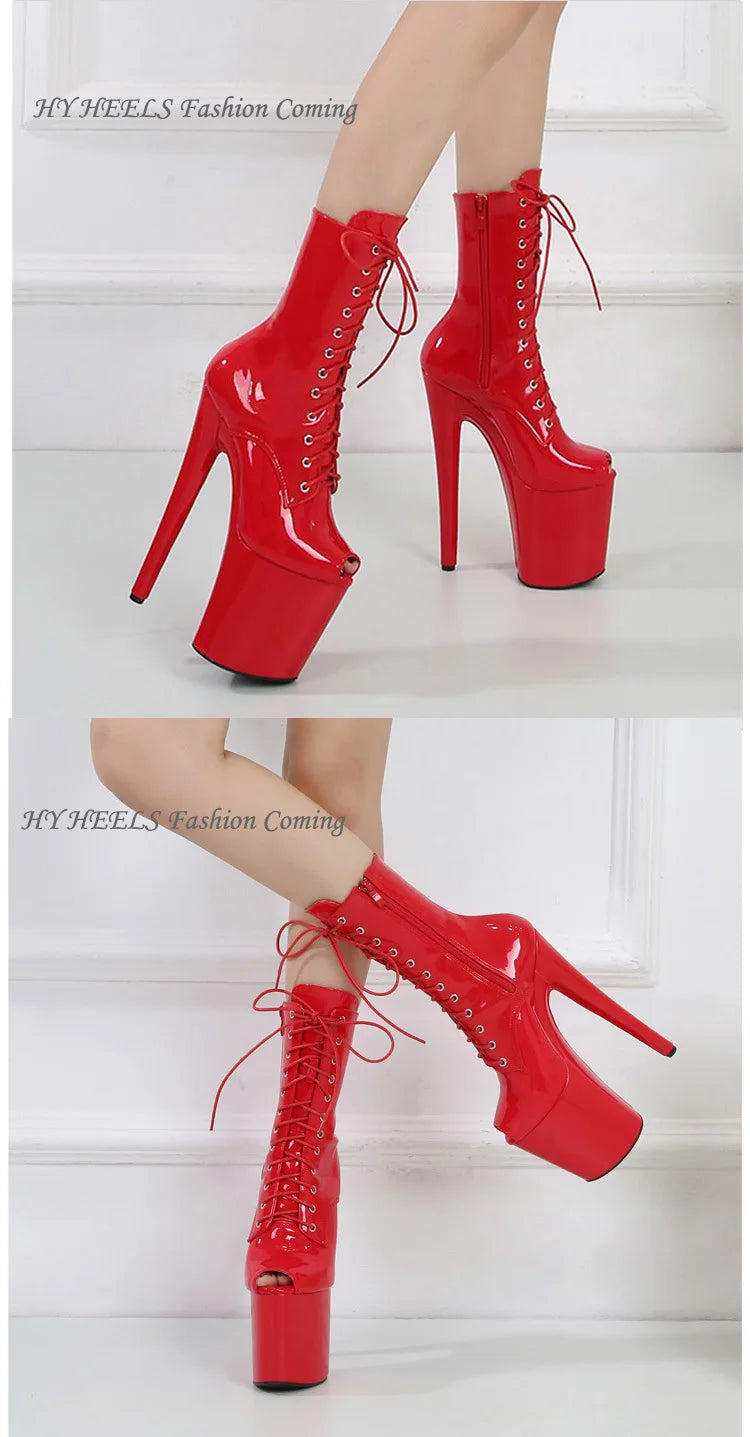 Women's Summer Boots - Short Heel, Perforated and Peep Toe Style