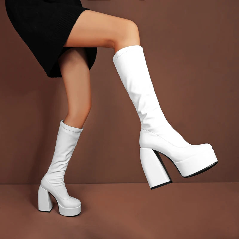 Bottes femmes noires à talons épais – Bottes hautes élastiques style punk avec plateforme chunky, parfaites pour l’automne/hiver et les soirées