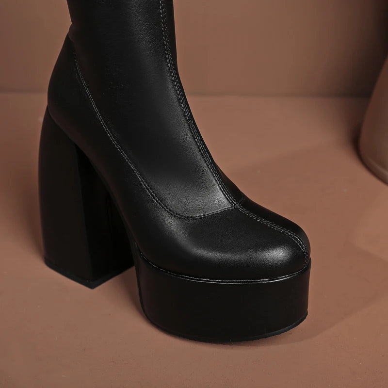 Bottes femmes noires à talons épais – Bottes hautes élastiques style punk avec plateforme chunky, parfaites pour l’automne/hiver et les soirées