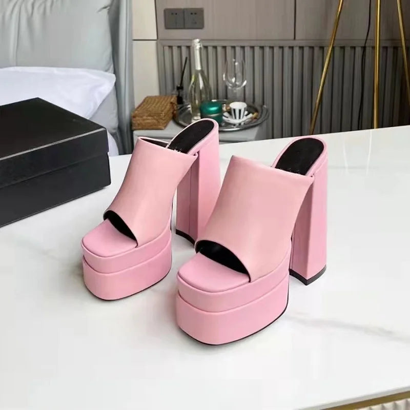 Sandales Femme Luxe à Talon Haut 15,5 cm – Mules Plateforme Carrée Style Designer Été | Fonleader XY-00019