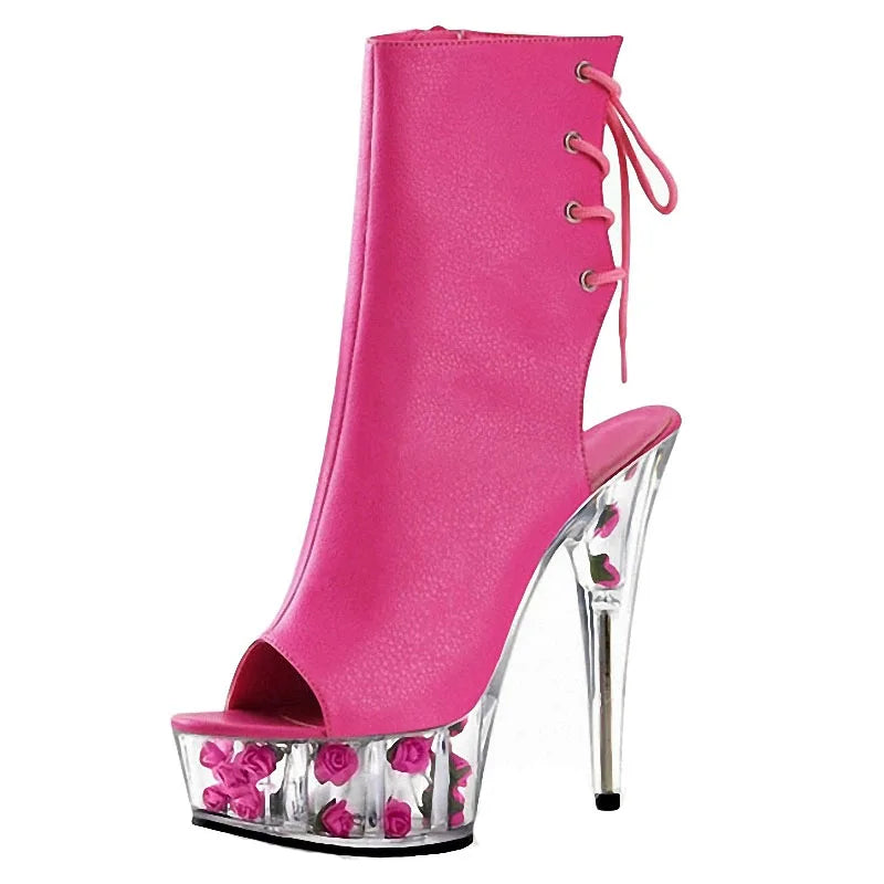 Women's summer shoes - 15 cm heel, open toe, laces and colorful design