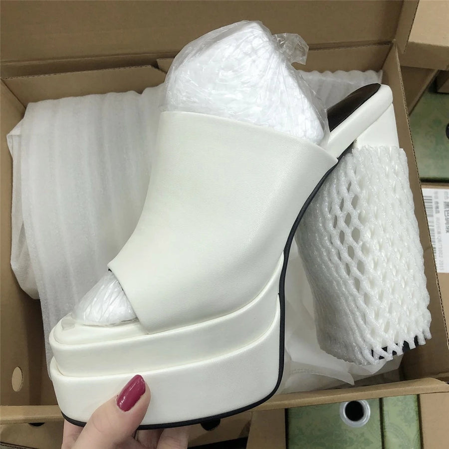 Escarpins Plateforme Femme à Lacets – Talon Haut 14 cm Style Chunky Open Toe en Cuir Véritable | Fonleader XY-19