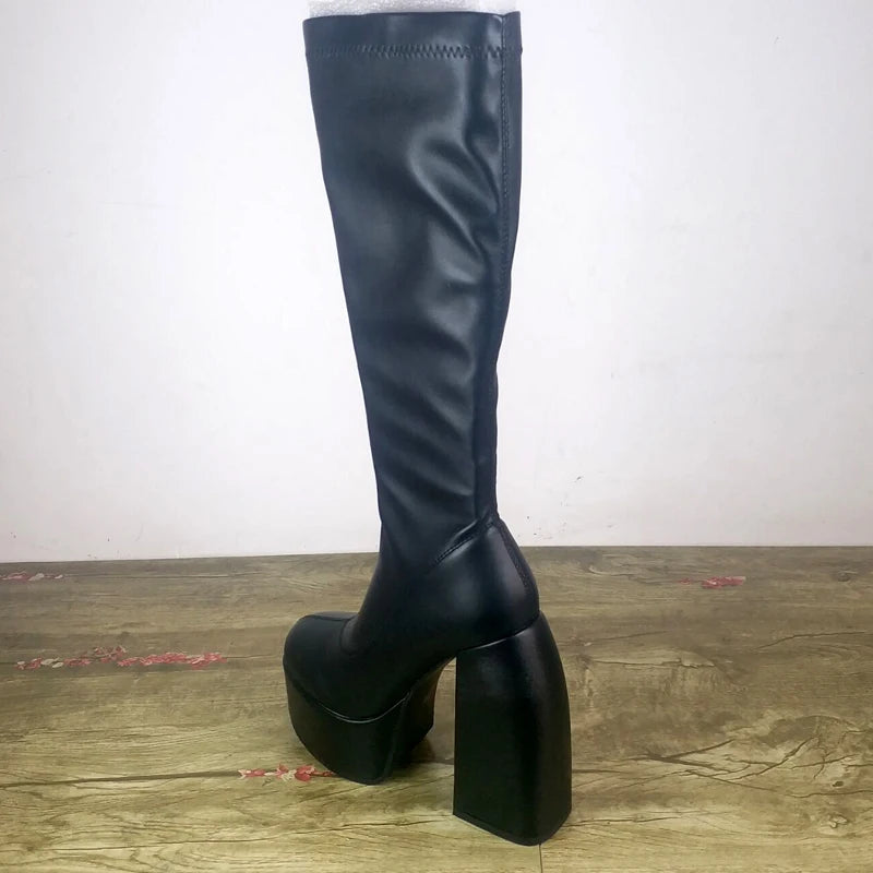 Bottes femmes noires à talons épais – Bottes hautes élastiques style punk avec plateforme chunky, parfaites pour l’automne/hiver et les soirées
