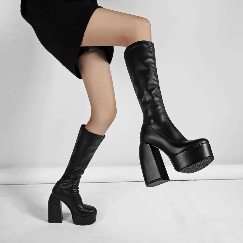 Bottes femmes noires à talons épais – Bottes hautes élastiques style punk avec plateforme chunky, parfaites pour l’automne/hiver et les soirées