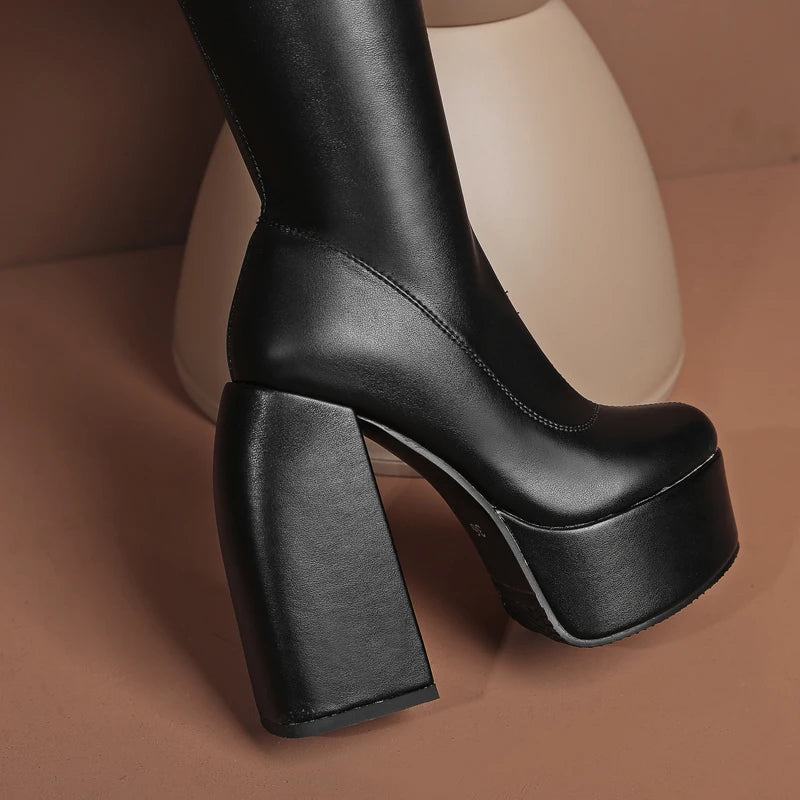 Bottes femmes noires à talons épais – Bottes hautes élastiques style punk avec plateforme chunky, parfaites pour l’automne/hiver et les soirées