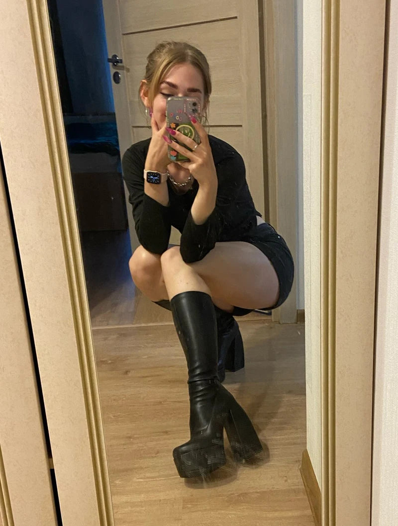Bottes femmes noires à talons épais – Bottes hautes élastiques style punk avec plateforme chunky, parfaites pour l’automne/hiver et les soirées