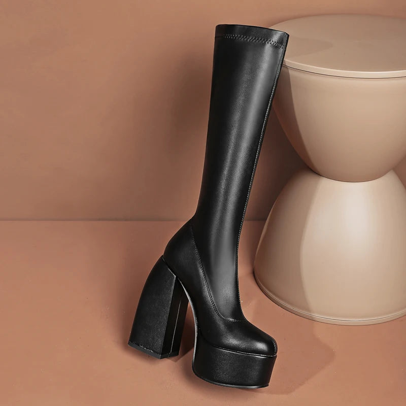 Bottes femmes noires à talons épais – Bottes hautes élastiques style punk avec plateforme chunky, parfaites pour l’automne/hiver et les soirées