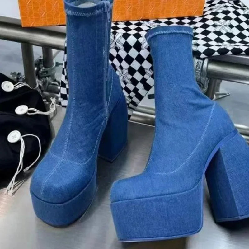 WAJAPAGG Allure 1082 – Bottes Genou Sexy à Talon Carré et Plateforme