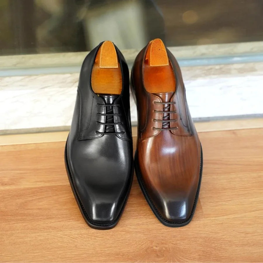 Chaussures habillées italiennes pour hommes – Luxe en cuir véritable, faites à la main, bout carré, lacets, idéales pour affaires et soirées