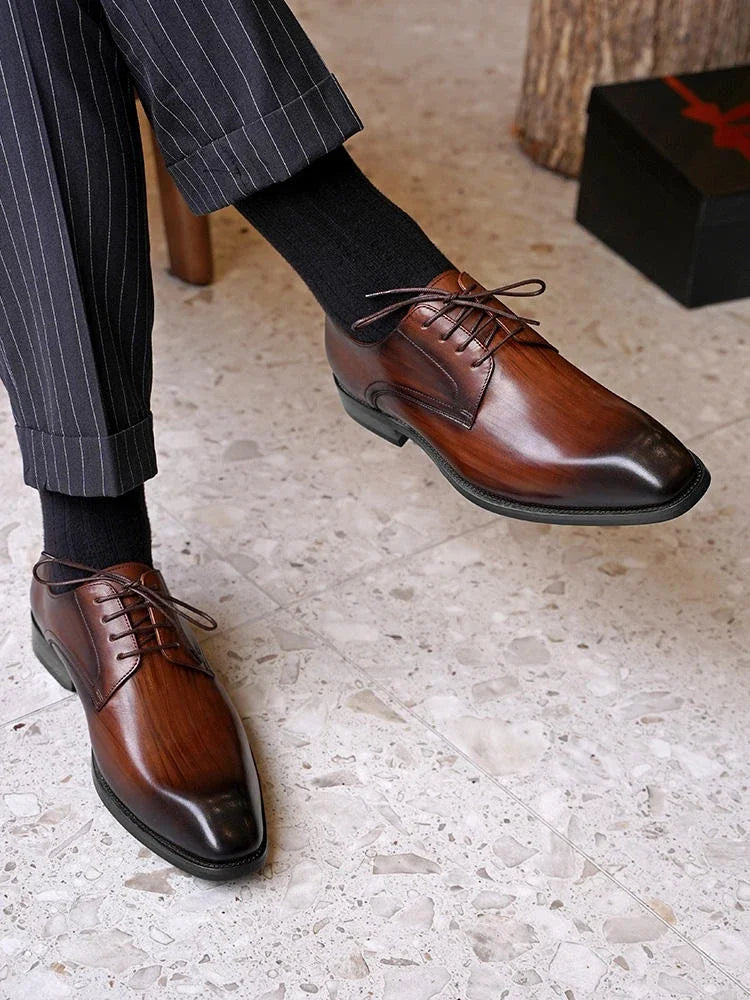 Chaussures habillées italiennes pour hommes – Luxe en cuir véritable, faites à la main, bout carré, lacets, idéales pour affaires et soirées
