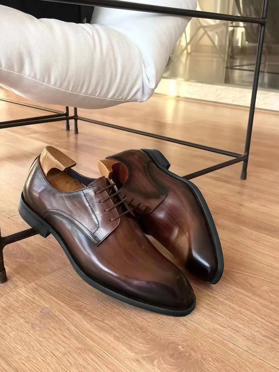 Chaussures habillées italiennes pour hommes – Luxe en cuir véritable, faites à la main, bout carré, lacets, idéales pour affaires et soirées