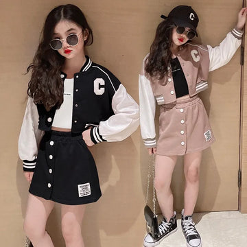 Ensemble 2 Pièces Fille – Veste Baseball + Jupe Slim | Tenue Sport Chic Imprimée – 3 à 14 Ans