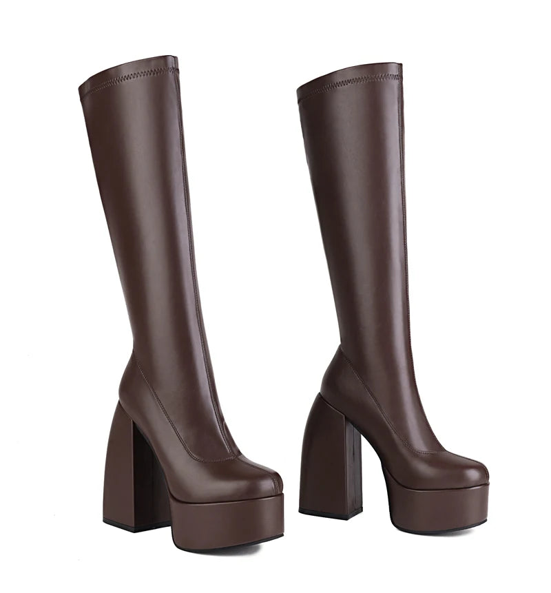 Bottes femmes noires à talons épais – Bottes hautes élastiques style punk avec plateforme chunky, parfaites pour l’automne/hiver et les soirées