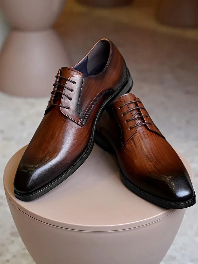 Chaussures habillées italiennes pour hommes – Luxe en cuir véritable, faites à la main, bout carré, lacets, idéales pour affaires et soirées