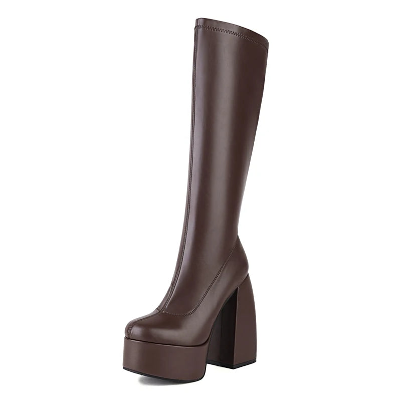 Bottes femmes noires à talons épais – Bottes hautes élastiques style punk avec plateforme chunky, parfaites pour l’automne/hiver et les soirées
