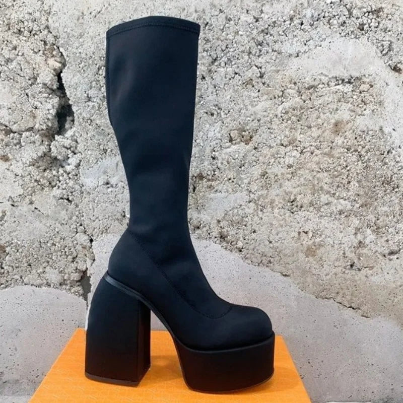 WAJAPAGG Allure 1082 – Bottes Genou Sexy à Talon Carré et Plateforme