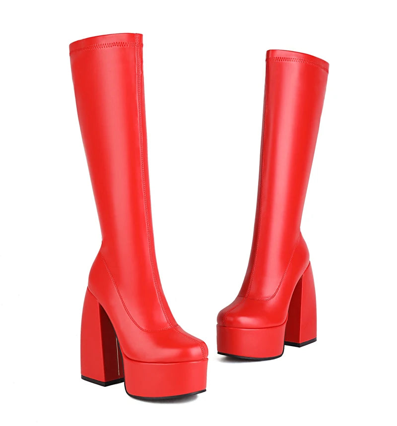 Bottes femmes noires à talons épais – Bottes hautes élastiques style punk avec plateforme chunky, parfaites pour l’automne/hiver et les soirées