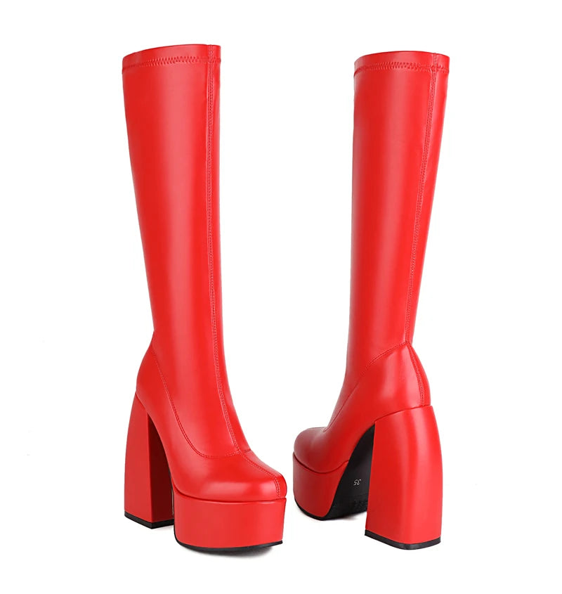 Bottes femmes noires à talons épais – Bottes hautes élastiques style punk avec plateforme chunky, parfaites pour l’automne/hiver et les soirées