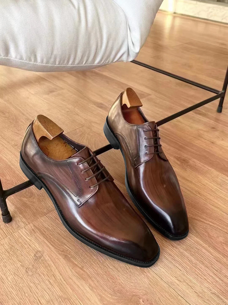 Chaussures habillées italiennes pour hommes – Luxe en cuir véritable, faites à la main, bout carré, lacets, idéales pour affaires et soirées