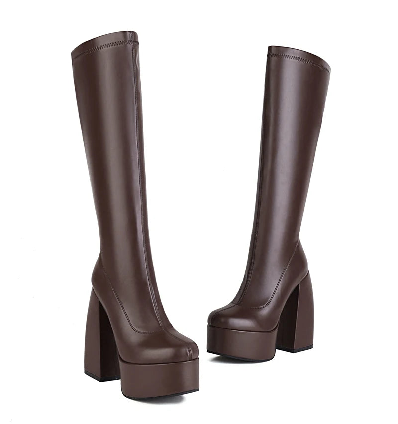 Bottes femmes noires à talons épais – Bottes hautes élastiques style punk avec plateforme chunky, parfaites pour l’automne/hiver et les soirées